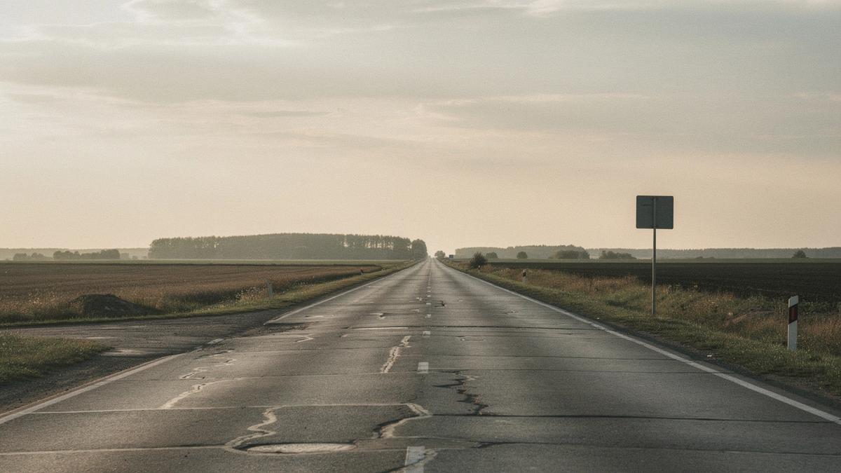 Two-lane highway crossing Ukrainian farmland between Kyiv and Lviv
