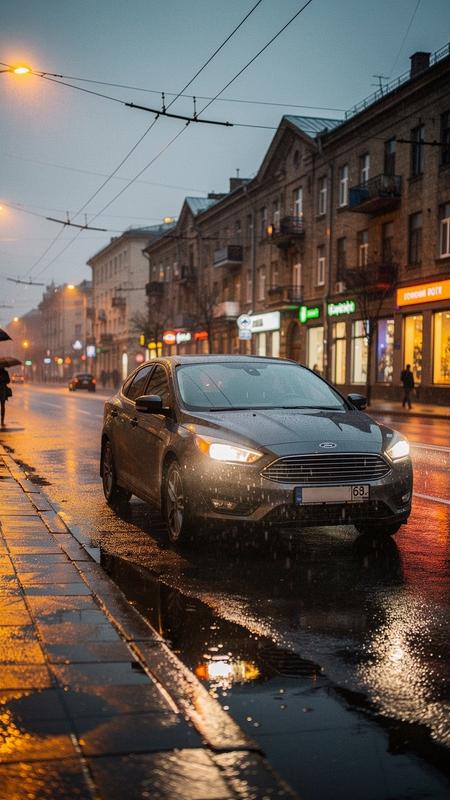 Compact sedan parked on a wet Kyiv street at dusk, headlights reflecting on rain-slicked pavement