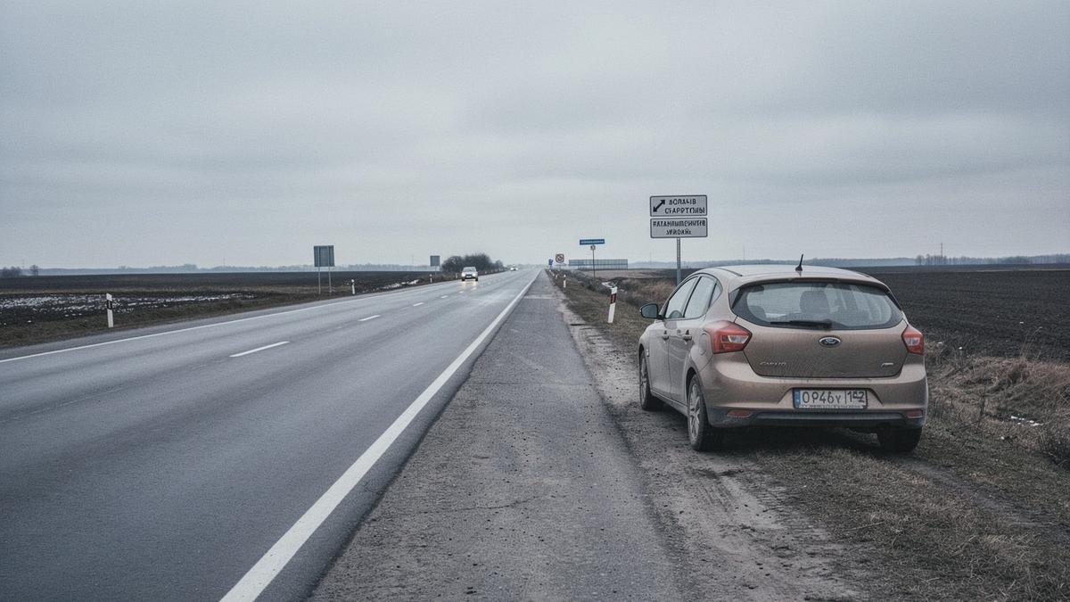 A compact rental car parked beside the M-06 highway between Kyiv and Lviv