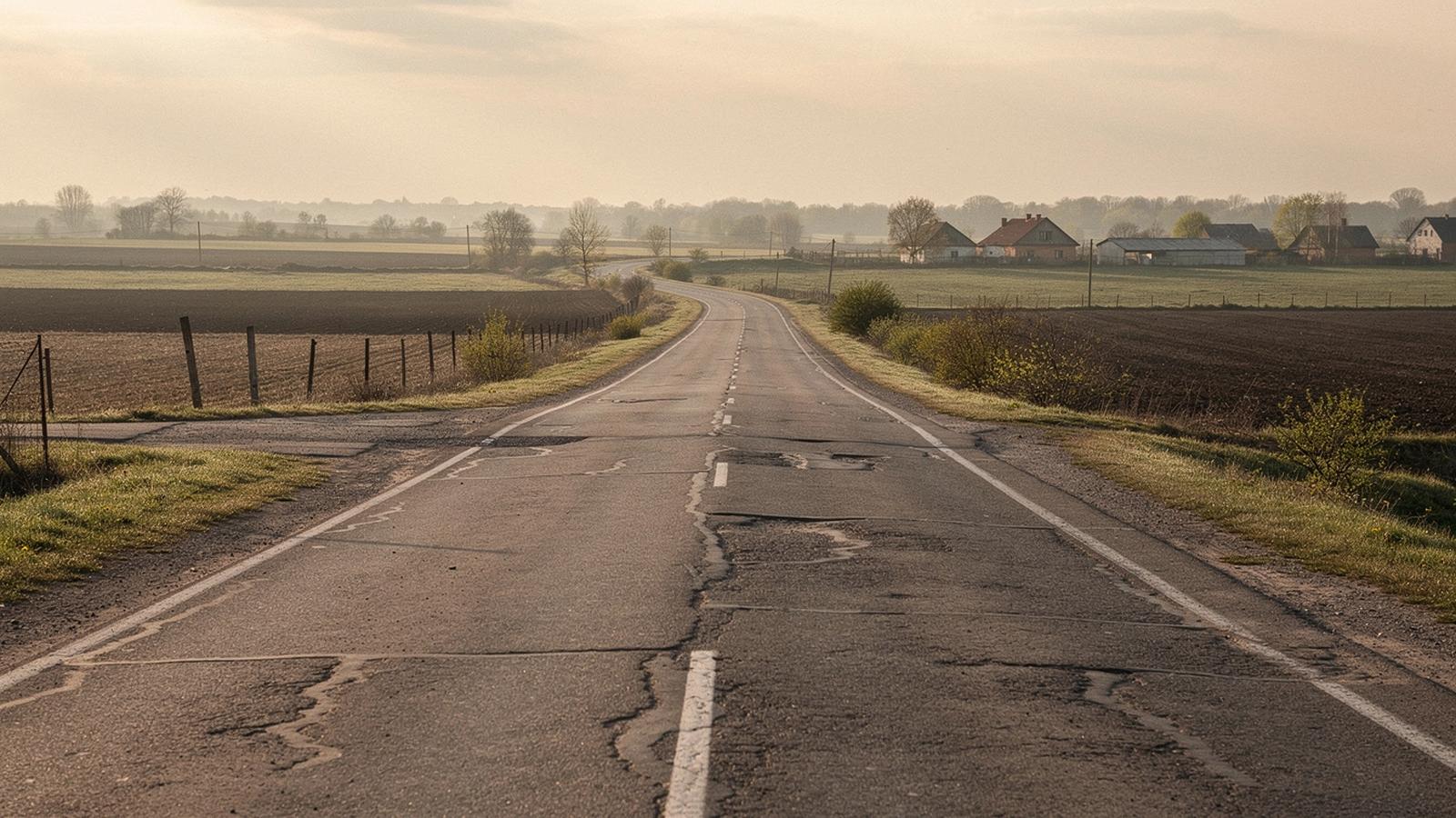 Two-lane road curving between fields outside Lviv in western Ukraine at dawn