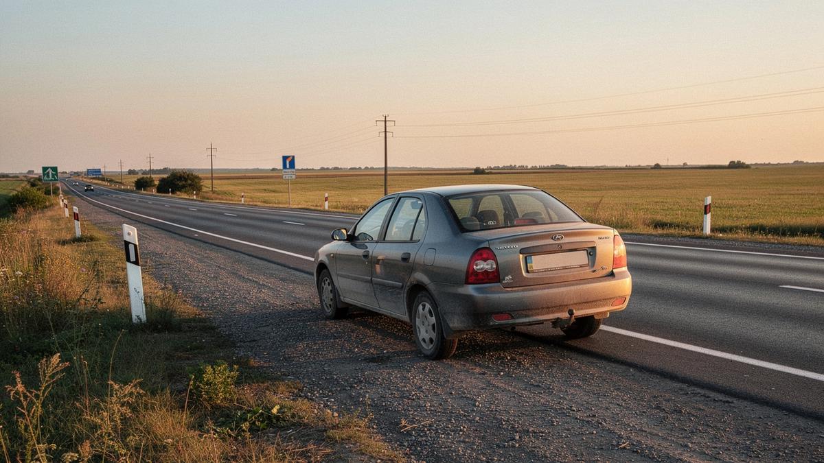 Compact rental car on the intercity road between Kyiv and Lviv