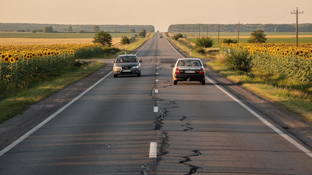 Cars on the M06 motorway between Kyiv and Lviv in evening light