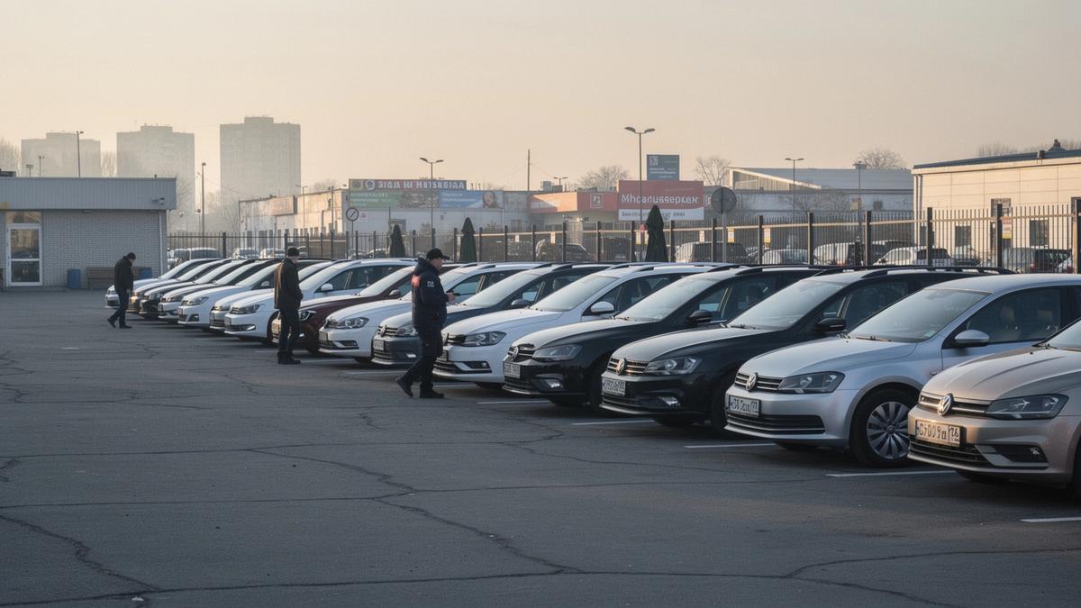 A row of rental vehicles parked at a Kyiv depot before morning dispatch